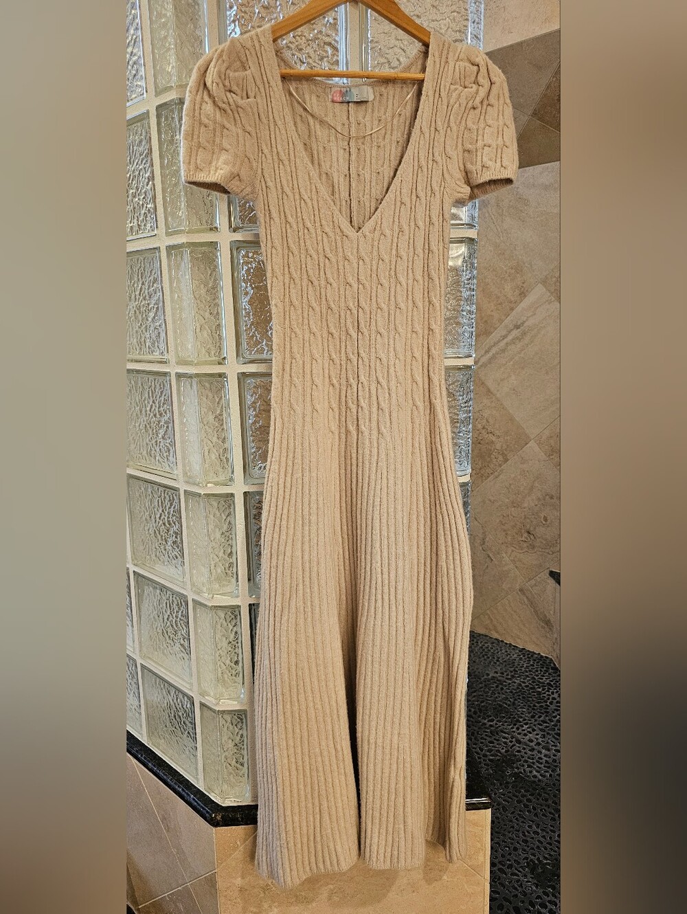 Beige Cable-Knit V-Neck A-Line Sweater Dress